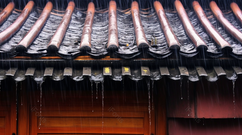 烟雨濛濛中的瓦片房屋红色的建筑特写,高清,摄影图,摄影图片,图片大全,摄影图免费下载